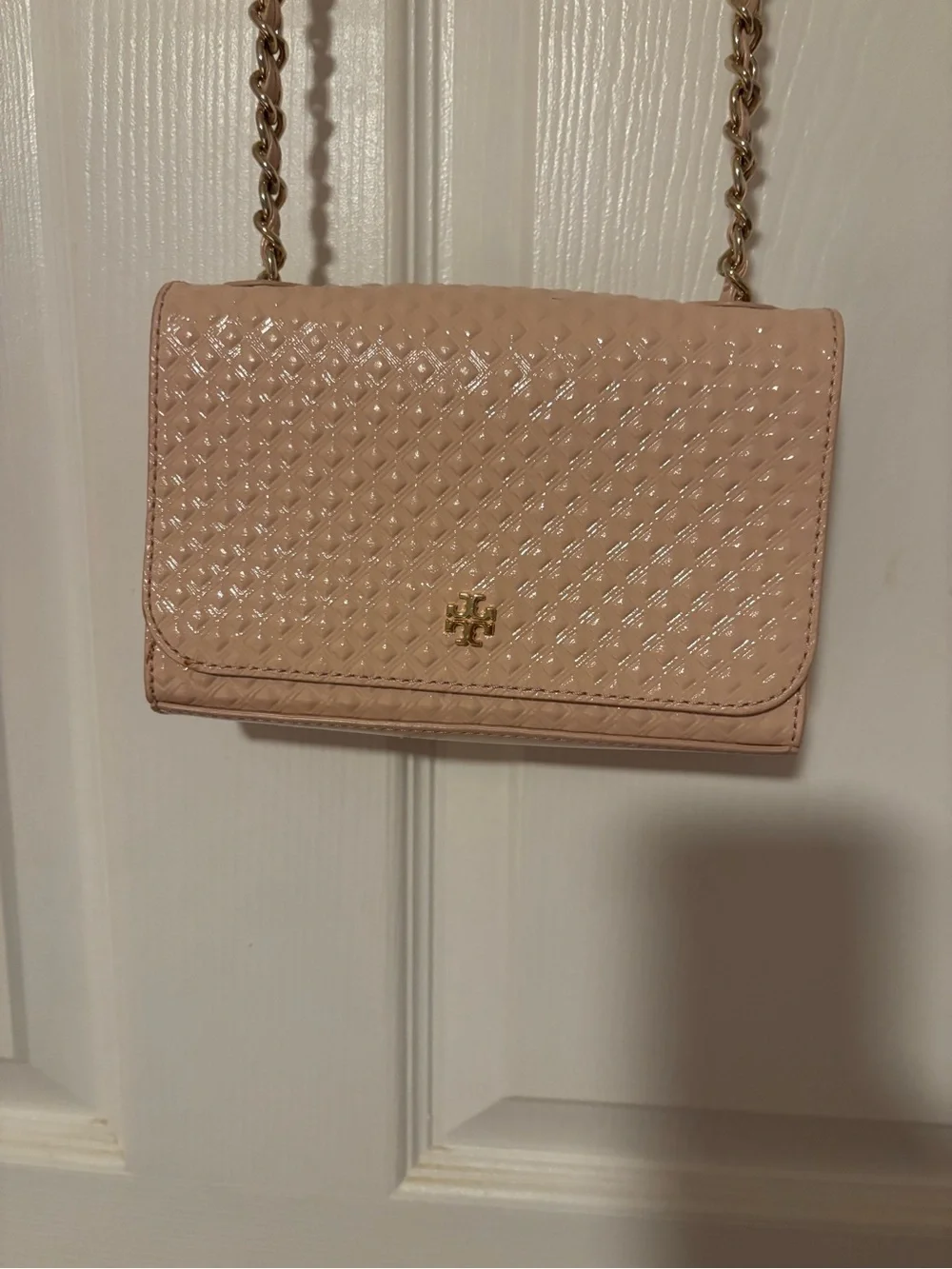 Tory Burch Blush Marion Embossed Crossbody with Gold Chain and Accents